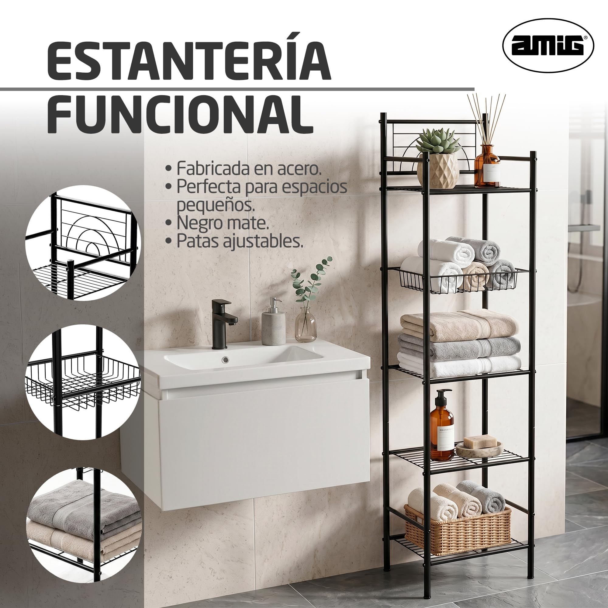 Amig - Estantería de baño Mod. ORIA - 5 Alturas - Fabricado en Acero - Color Negro Mate - con Patas Ajustables - para Espacios pequeños - 34 x 30 x 150 cm