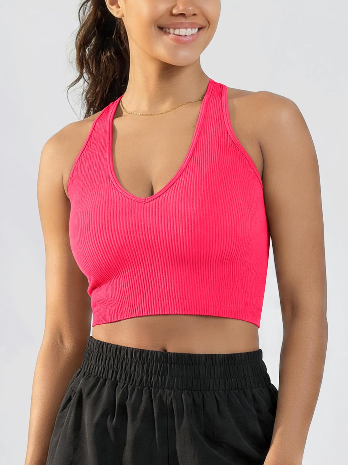 ODODOS 3-Pack Seamless Racerback Crop Tank for Women Ribbed Knit Soft Crop Tops