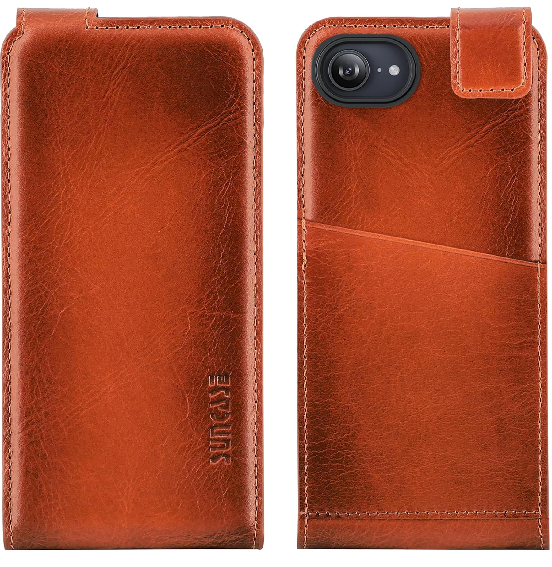 Suncase Étui de protection à rabat original en cuir véritable ultra fin compatible avec iPhone 17e Cognac brûlé