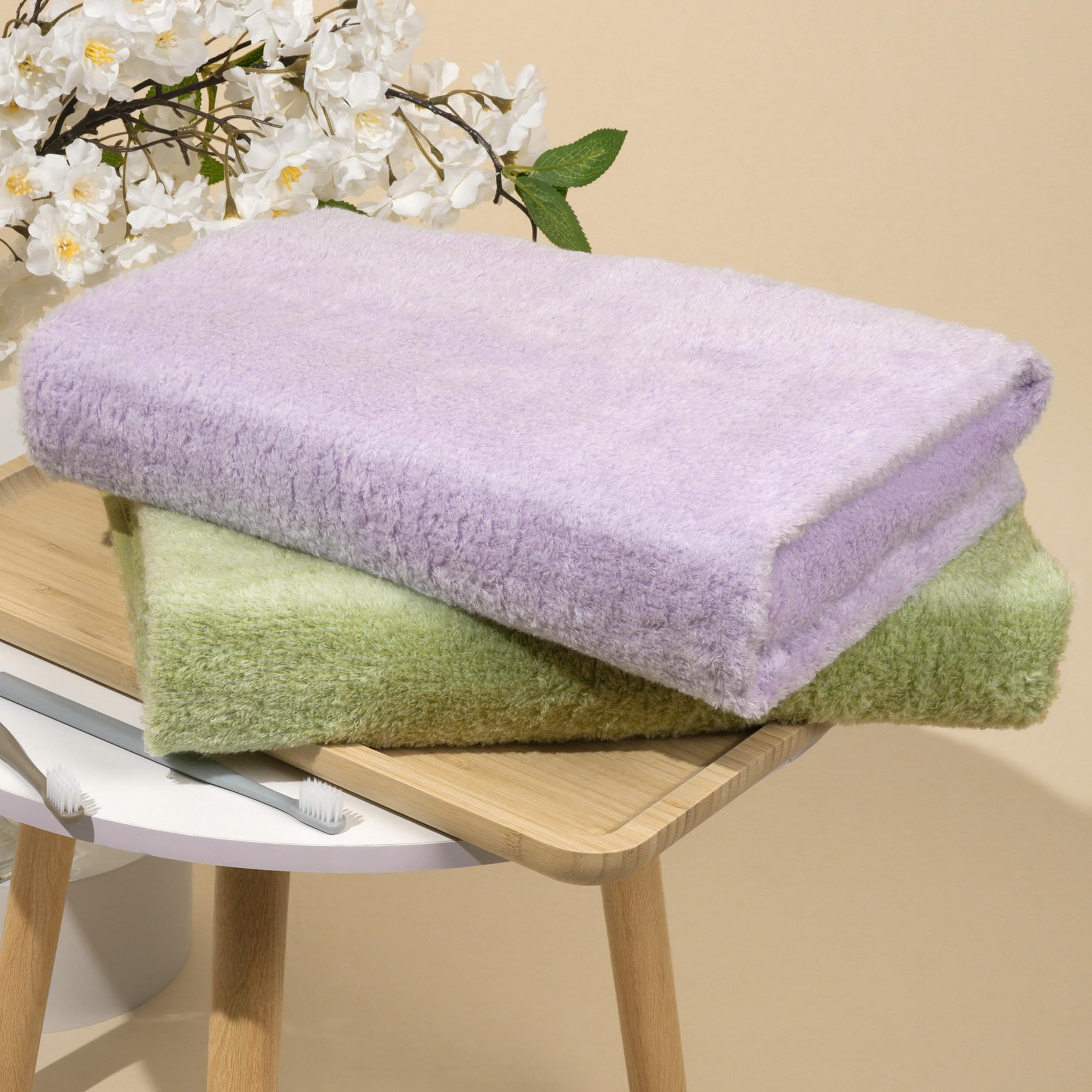 Vie TRIOMPHE Bath Towels Set of 2,70x140cm Cloud Weave Zero Twist Long Staple Cotton, Ultra Soft, Highly Absorbent, Quick Dry Bath Sheets, Hotel Spa Quality for Bathroom Gym Beach(Green+Purple)