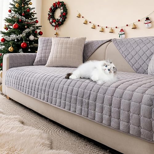 Funda de sofá de franela mullida para perros, lavable y antideslizante, funda de sofá modular para mascotas para sofá de 3 cojines, respaldo y