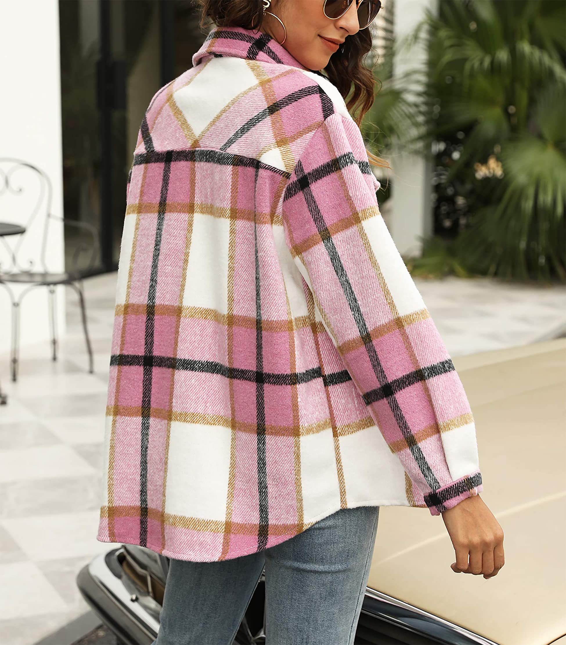 Timuspo Chaqueta de camisa de franela a cuadros de manga larga de algodón con solapa con botones para mujer