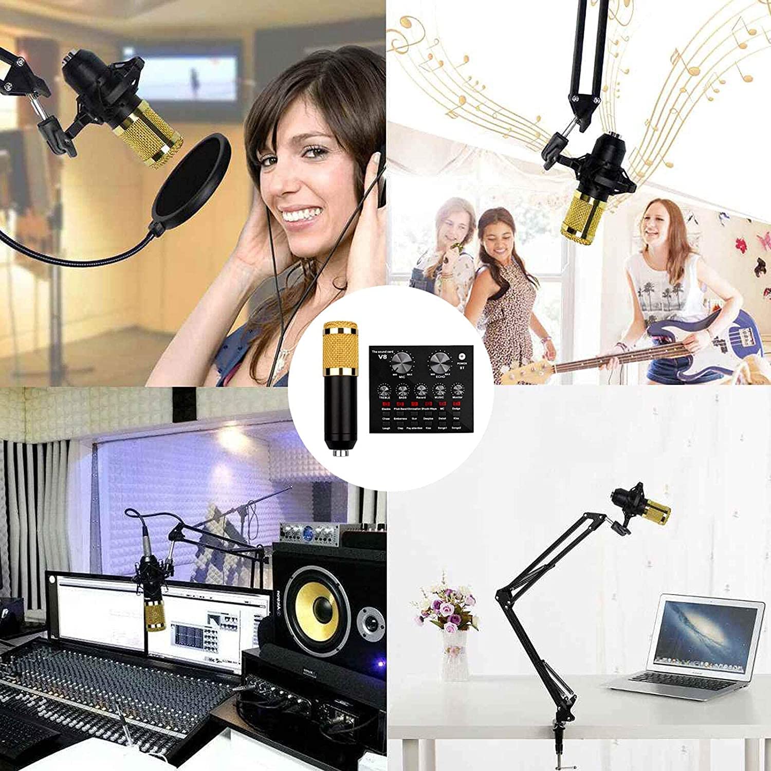 Pacchetto Microfono a condensatore, Scheda Audio Live con Effetti e Cambia Voce, Microfono cardioide con Braccio a Forbice con Sospensione Regolabile, Mini Mixer Audio con Effetti sonor