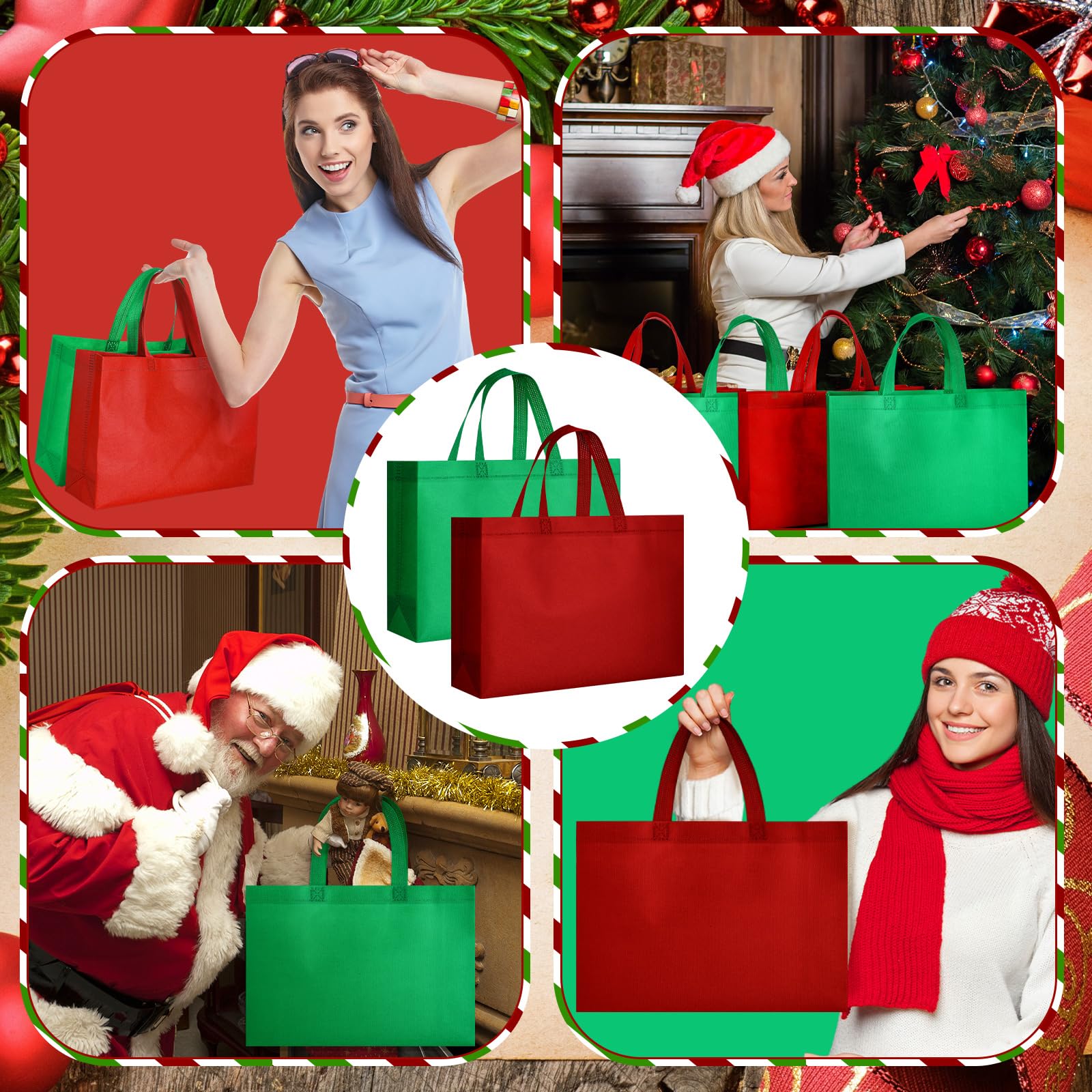 SATINIOR Lot de 50 grands sacs fourre-tout non tissés réutilisables avec poignées pour Noël, shopping, vacances, fête d'anniversaire (35,6 x 25,4 x 10,2 cm)