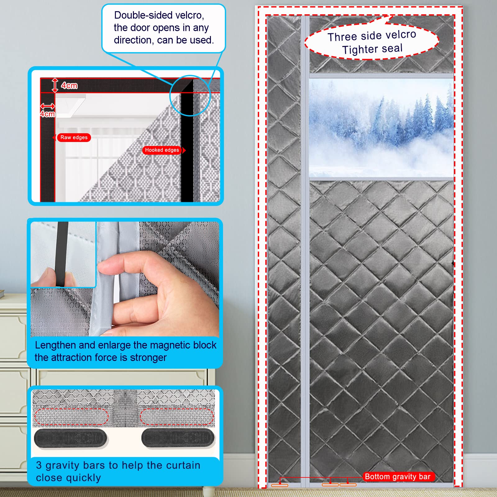 Thermique Isolation Porte Rideau 210x235cm, Rideau Aimanté Voiture Tissu PU De Haute Qualité Rideau de Porte épaississant d'hiver pour Air-Chambre Climatisée, Gris