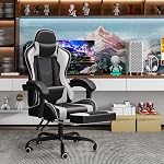 JUMMICO Chaise de jeu Ergonomie chaise d'ordinateur avec repose-pieds et Massage Lombaire Support, chaise de jeu vidéo réglable en hauteur avec 360° Siège pivotant et appuie-tête