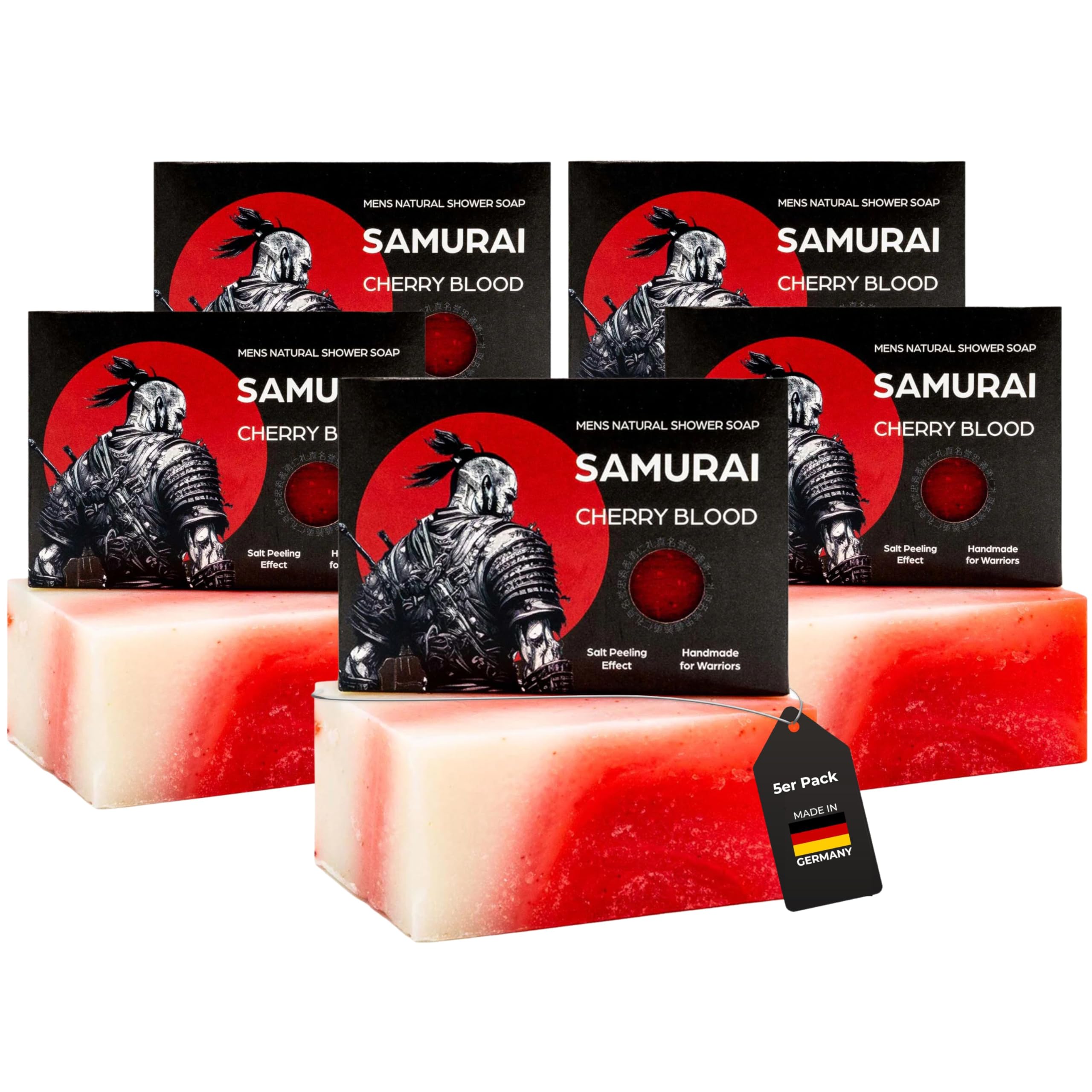 MEDUNA Samurai Cherry Blood 5er Pack Peeling-Seife Männer Mens Natural Shower Soap, Naturkosmetik, Naturseife, 100g, keine chemischen Zusätze, vegan, tierversuchsfrei