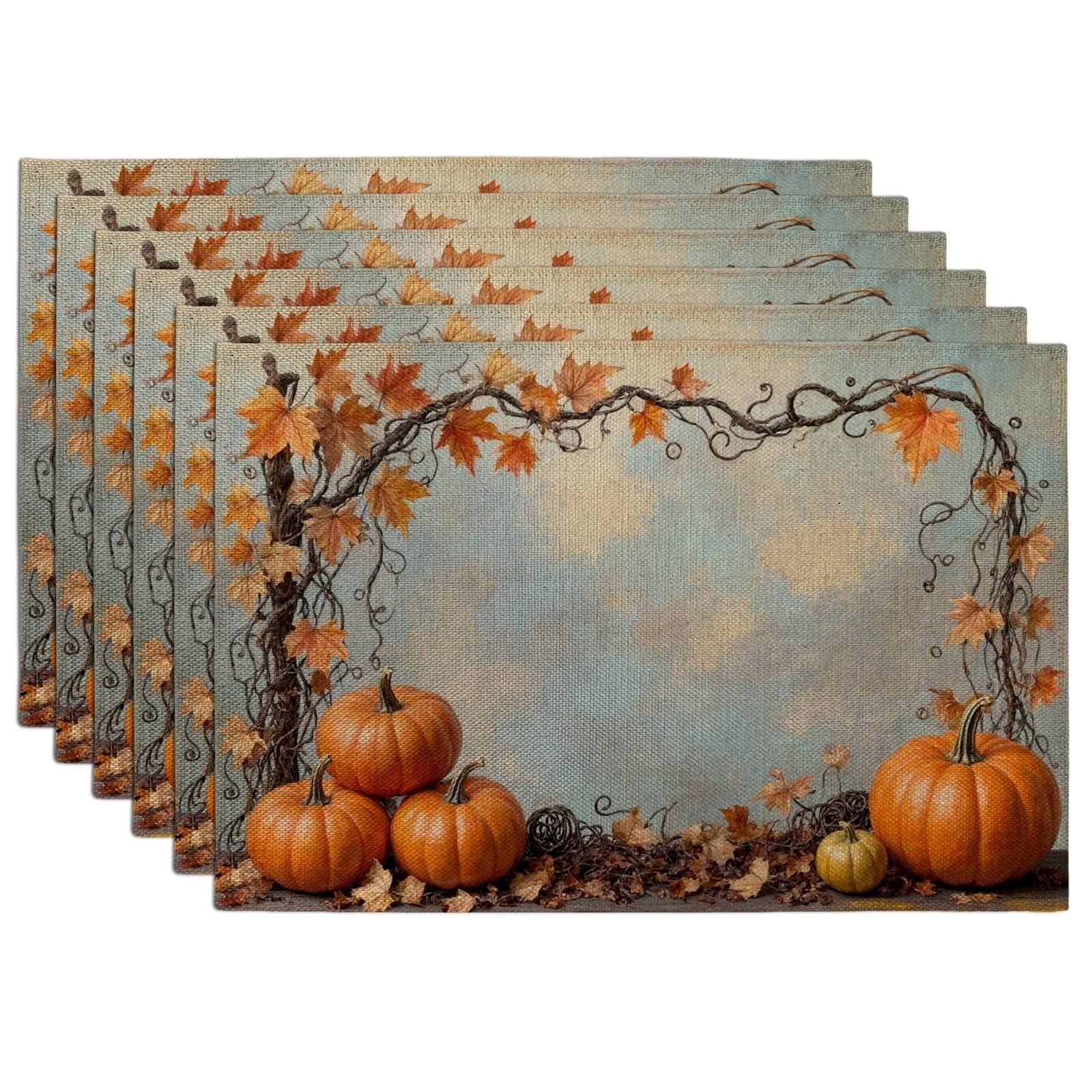 Autumn Pumpkin Placemats, Rustic Fall Leaves Decorative Place Mats for Dining Table, Thanksgiving Non-Slip Washable Indoor Outdoor Kitchen Party Placemat Set of 6