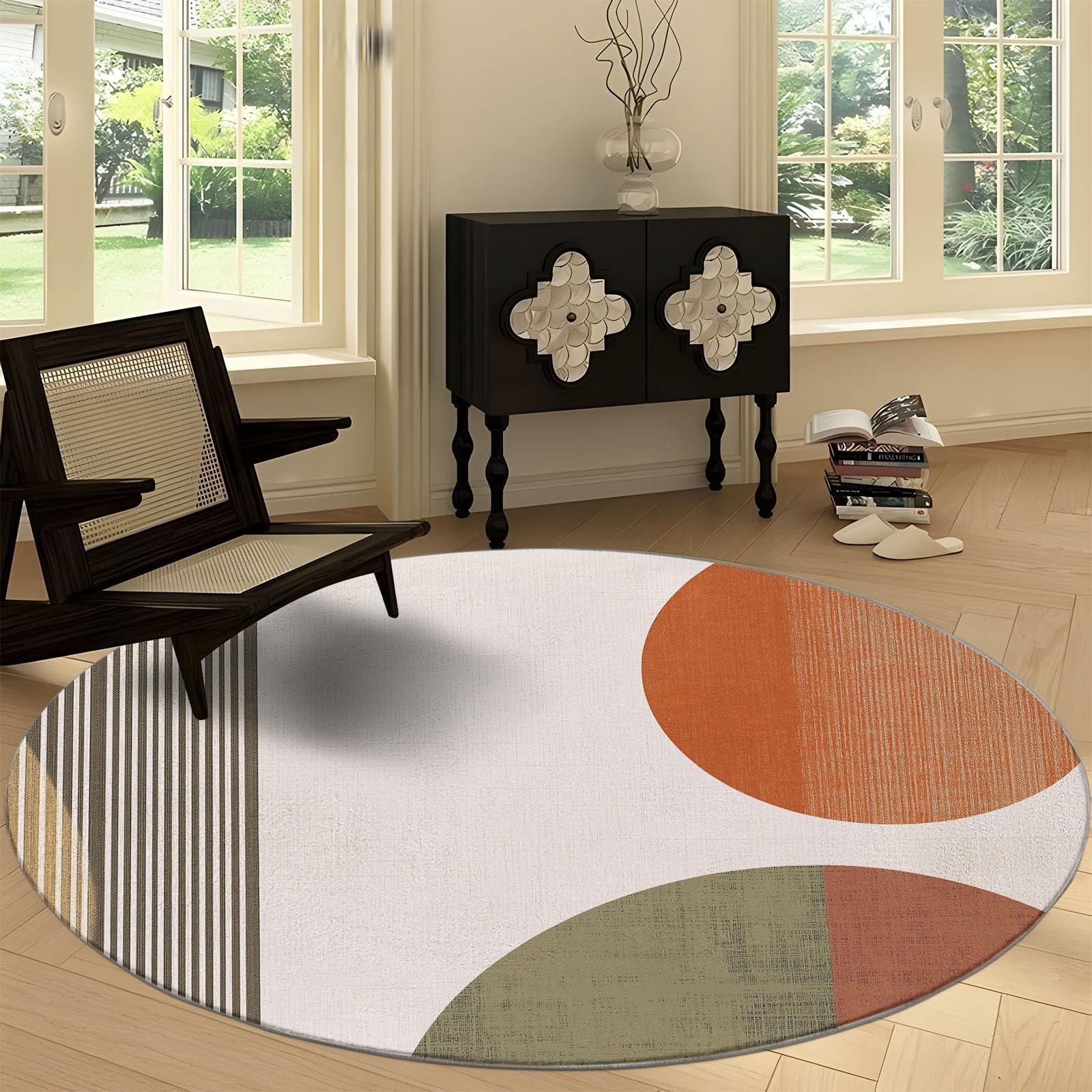 Rund Teppich Schlafzimmer Terrakotta Olivgrün und Beige Geometrie Erwachsener Kind Wohnzimmer Rund Teppich rutschfeste Flauschiger Rund Teppich Waschbar Flanell Rund Teppiche 140 cm
