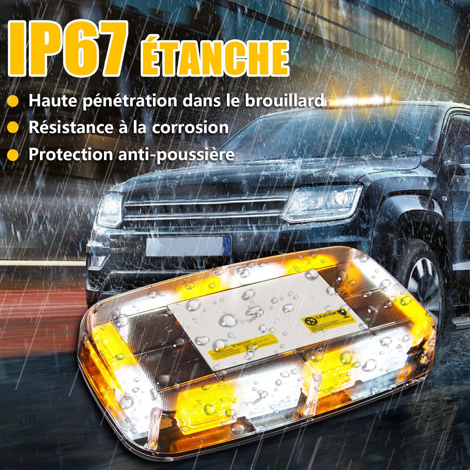 Luces estroboscópicas inalámbricas naranja/blanco con base magnética, luz de baliza de emergencia recargable de 48 LED, luz intermitente de techo para vehículos de camiones de coche