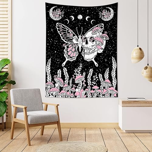 Miniatura 2 de Tapiz bohemio de mariposa para colgar en la pared, diseño vintage de fase lunar, cielo estrellado y calavera con hongo rosa, tapiz de pared para