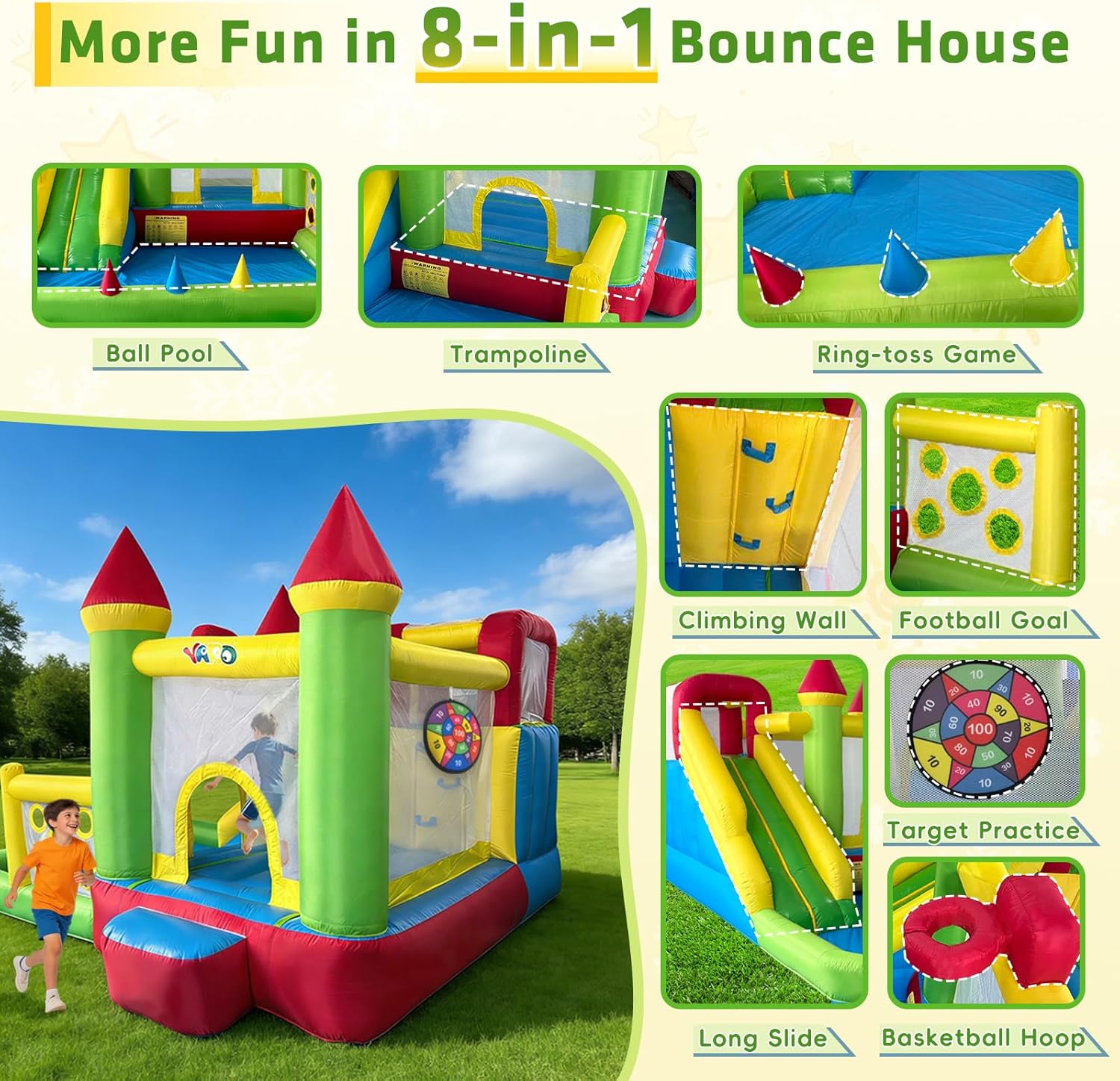 YARD Bounce House for Kids 3-6, 8-in-1 Inflatable Bouncy Castle with Slide, Blower, Ball Pit, Climb Wall, 12x13x8.5FT Jump House for Big Toddlers for Indoor & Outdoor Backyard Party Family Gathering