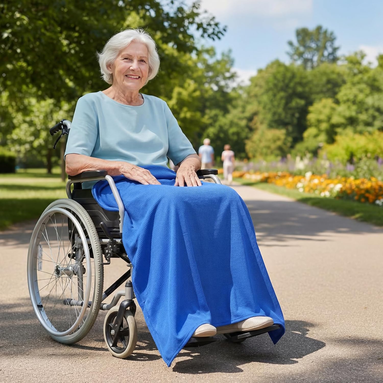 43.3" x 39.3" Lightweight Lap Blanket for Wheelchair Summer Lap Blanket with 6 Straps and Pocket Blue Throw Wheelchair Accessories for Adults Seniors Airplane Train Travel Elderly Gifts