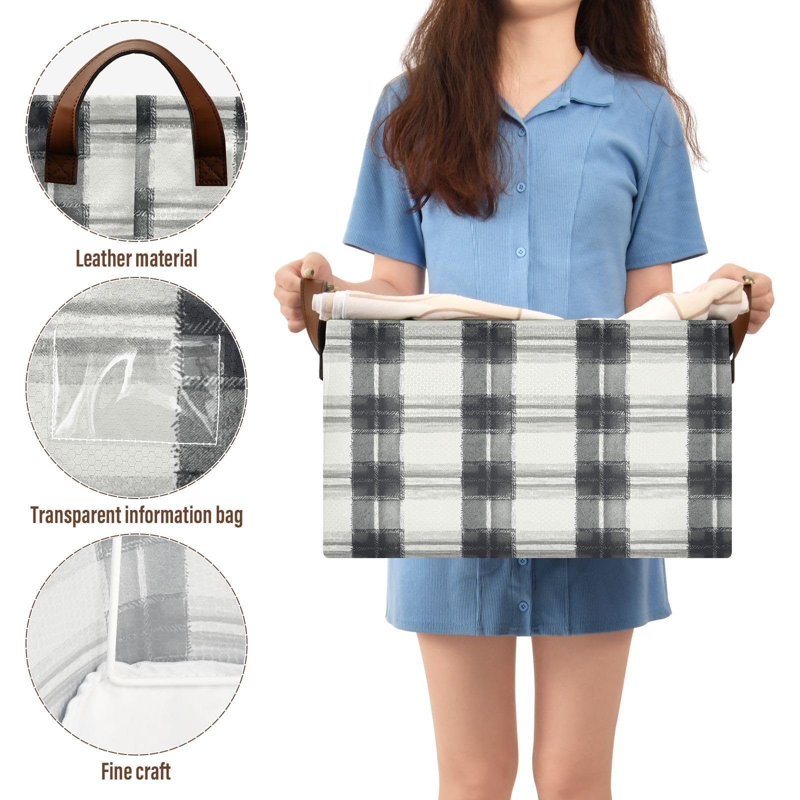 KLL Cestino in tartan nero e bianco per riporre oggetti con manici, pieghevole, in tessuto, cubi organizer per vestiti e 2 confezioni cajas para organizar ropa