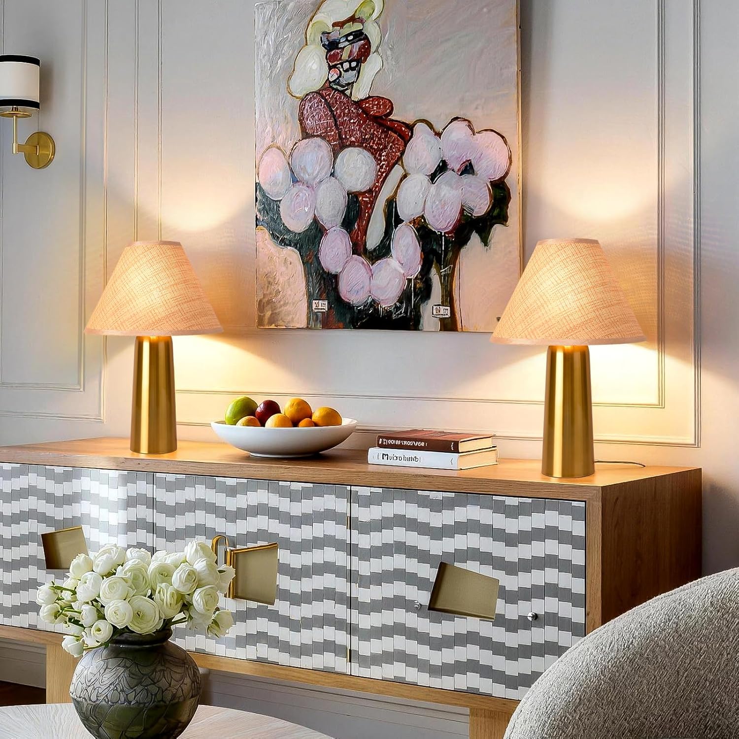 Brass Gold Rattan Table Lamp for Bedroom, Modern Wicker Lamps for Bedside Nightstand, Small Table Rattan Shape Lamps for Small Spaces for Kitchen Counter, Home Office, Living Room, Kids Dorm