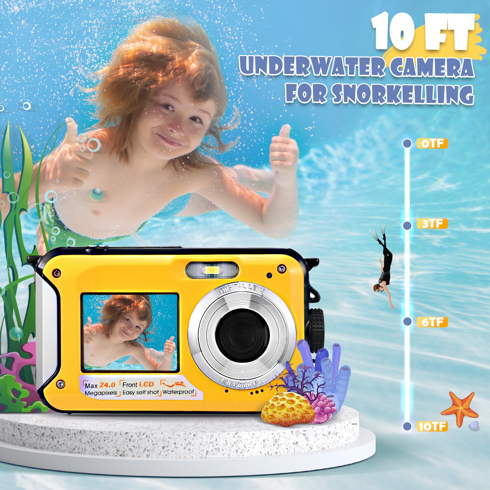 Fotocamera Digitale Impermeabile,Couleeur Macchina Fotografica Subacquea Full HD 2.7K 48MP Doppio Schermo Anti-Shake con Microfono LED Autoscatto e Zoom Digitale 16X per Bambini Adolescenti(Giallo)