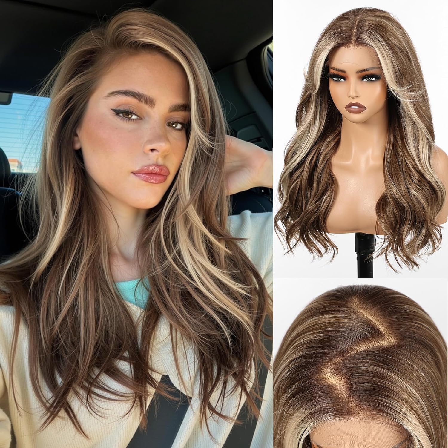 HAIRCUBE 13x6 HD Lace Front Wig Synthetic 22 Inch Brown Balayage Long Wave Layered Glueless Wig for Women, Natural Look Daily Wear