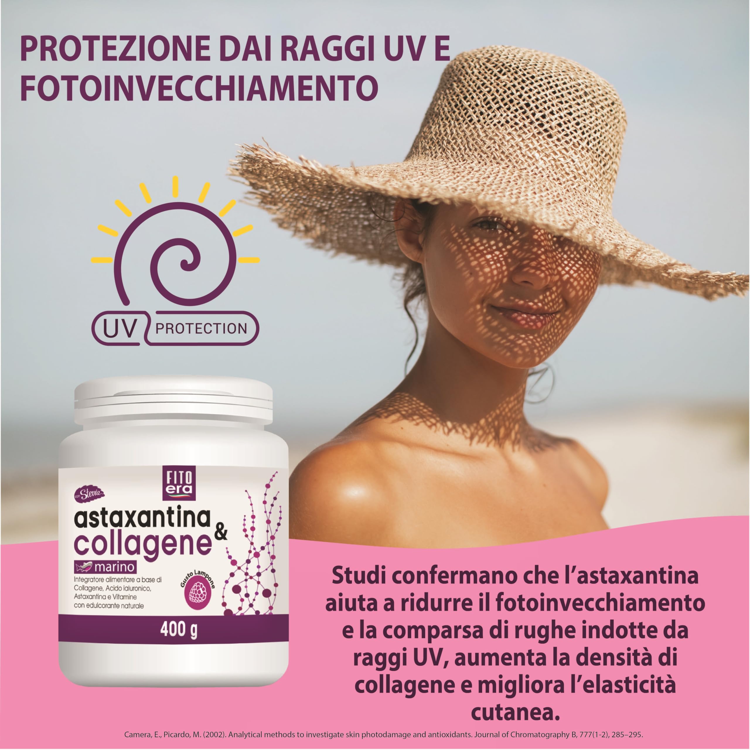 FITOERA Astaxantina & Collagene Marino in polvere 400 g - Integratore Antiossidante con Acido Ialuronico, Vitamina C, Vitamina E con Stevia e Lampone