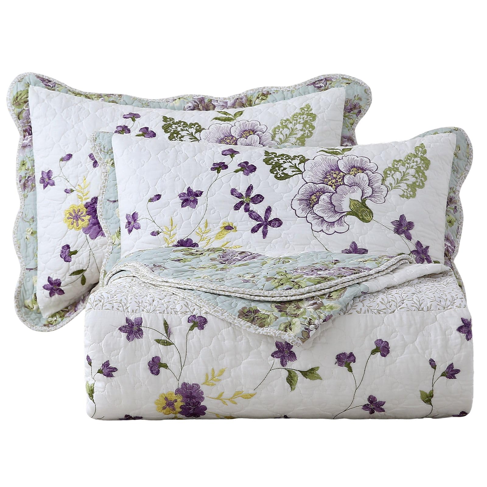 vctops 3 Piece Elegant Floral Embroidered Pattern Reversible Quilt Set Oversized Queen 100% Cotton Bedding with 1 Quilt 2 Pillow Shams (H Flower, Oversized Queen)