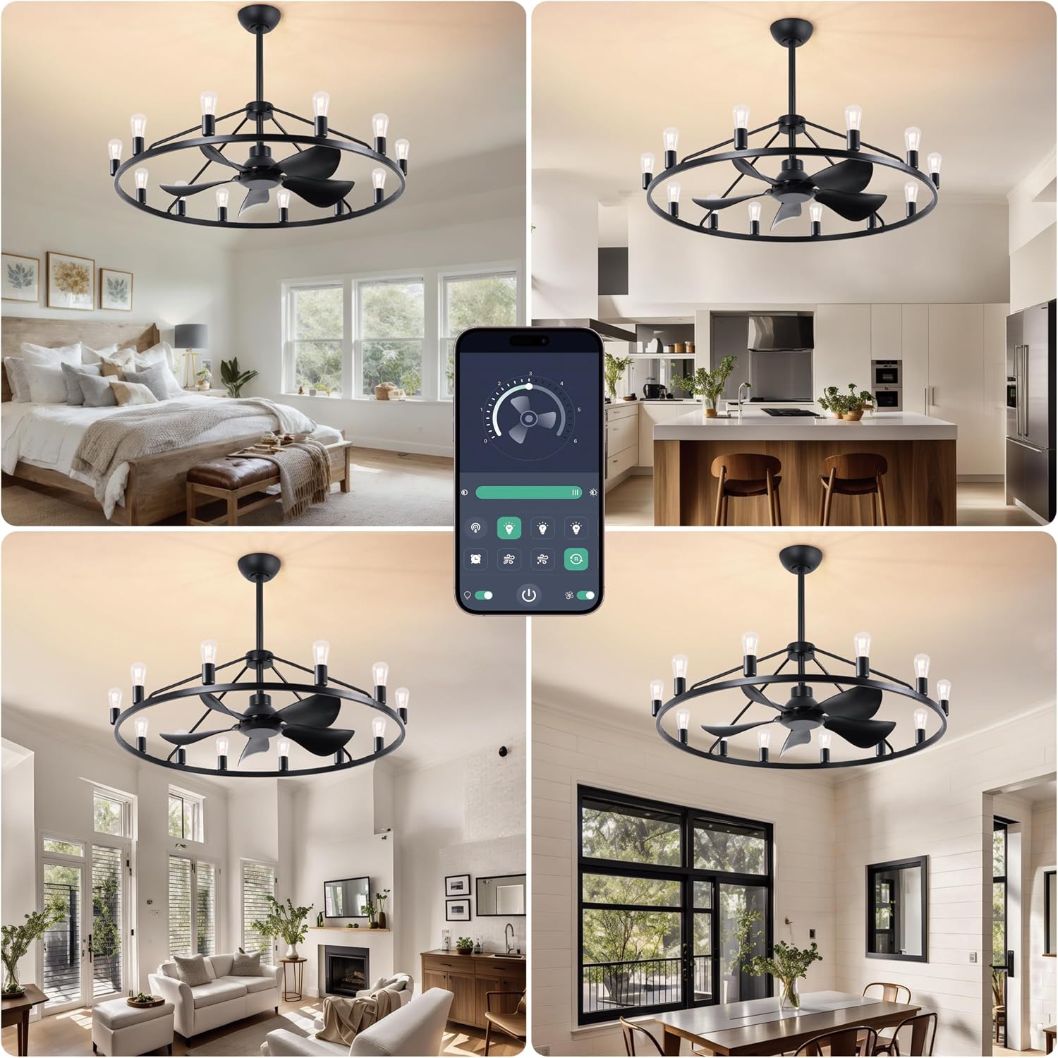 COCOSTAR 44" Wagon Wheel Chandelier with Fan,Farmhouse Ceiling Fan with Remote,App,6 Speeds,12-Lights,Large Rustic Ceiling Light Fixture for Dining Room Bedroom Living Room Kitchen Villa