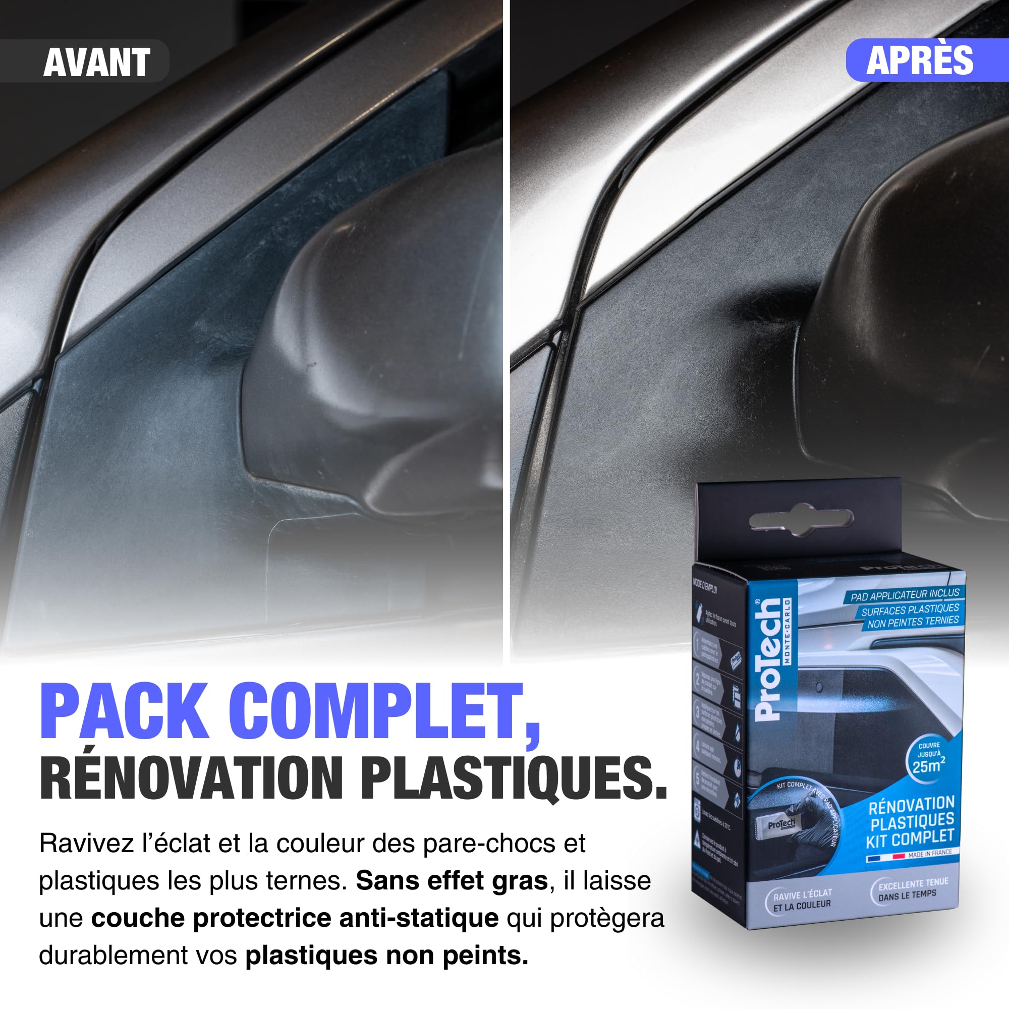 ProTechMC | Kit Complet Rénovateur Plastiques Ternes pour Voiture | Restauration Plastiques Intérieurs & Extérieurs | Éclat et Brillance d'Origine Assurés | Made In France | 50 ml