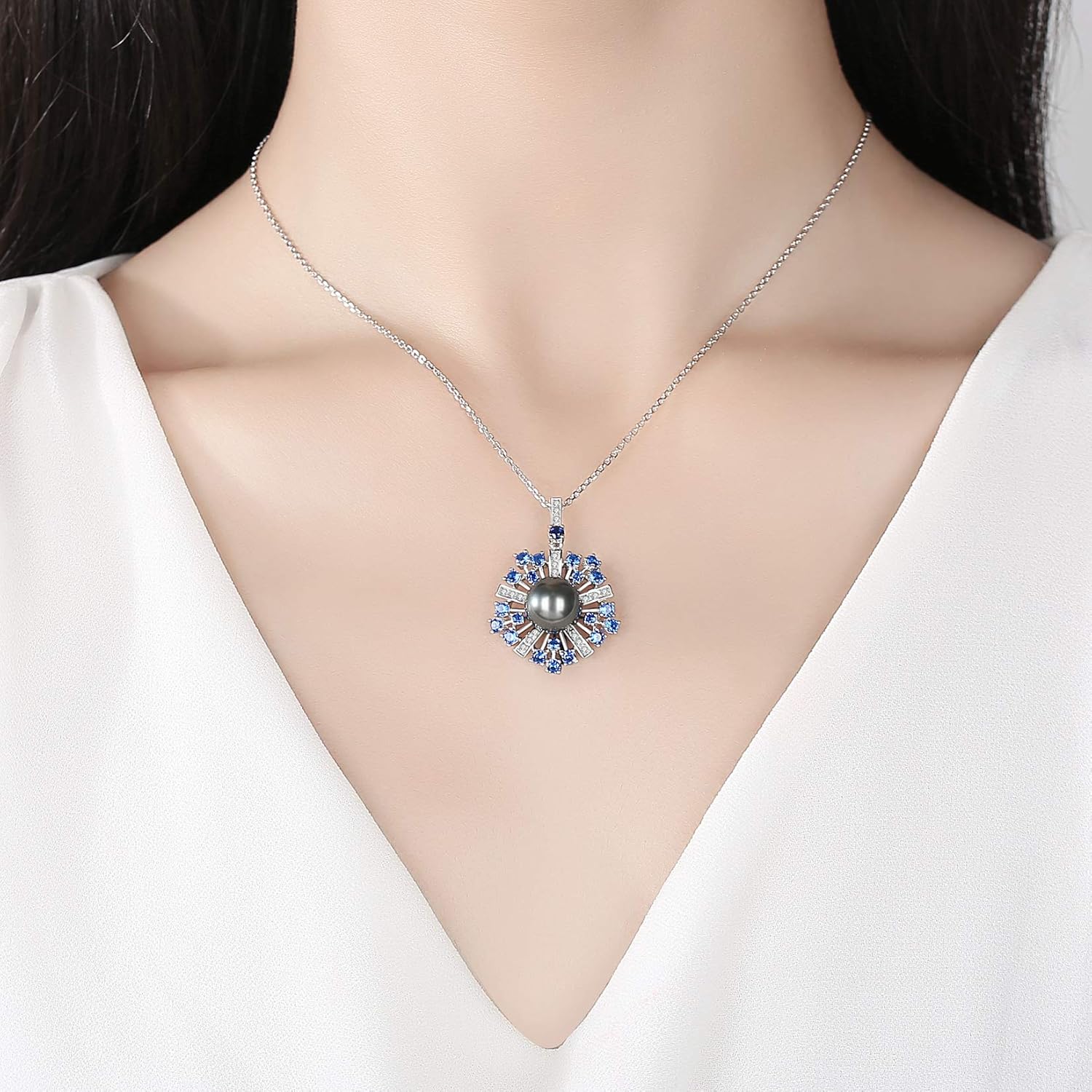 VIKI LYNN 10-11mm AAA Black Tahitian Cultured Pearl Pendant Necklace Jewelry for Women with Blue Spinel