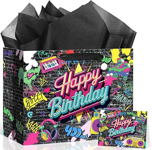 Yoirrat Graffiti - Bolsa de regalo de cumpleaños de los años 80 y 90, decoración de fiesta de cumpleaños, estilo hippie, con tarjeta de felicitación