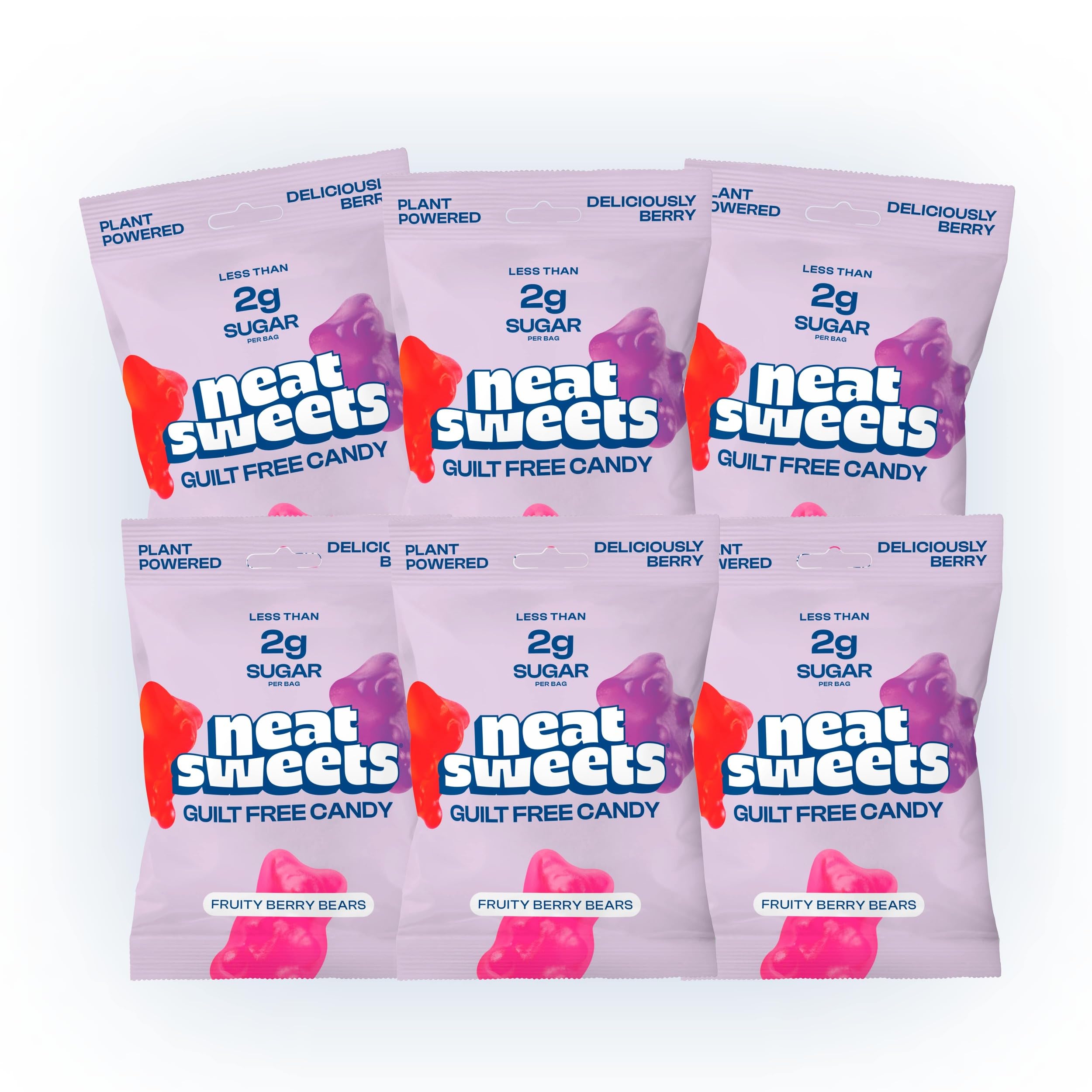 NeatSweets Vegan Sweets with Low Sugar - High Fibre, Gluten Free Plant Based Gummy Bears - 1.6g of Sugar per 50g Low Calorie No Added Sugar Guilt-Free Delicious Candy, Fruity Berry Bears x6 50g Packs