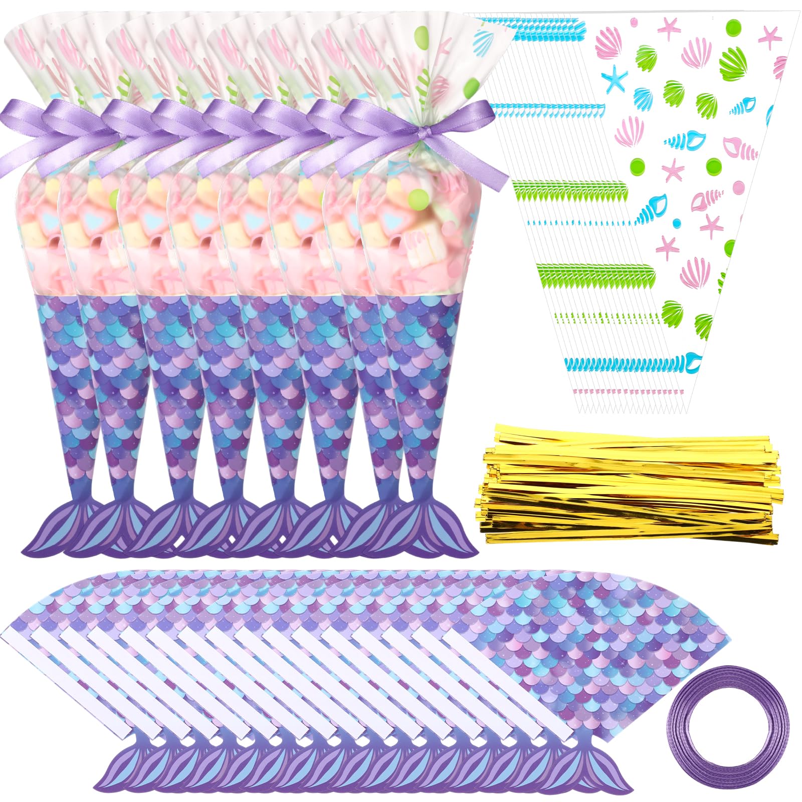 Yexiya 25 Pack Mermaid Birthday Party Favor Bags Triangle Cellophane Candy Treat Goody Gift Bag with 25 Mermaid Tail Cards 50 Pcs Twist Ties and 1