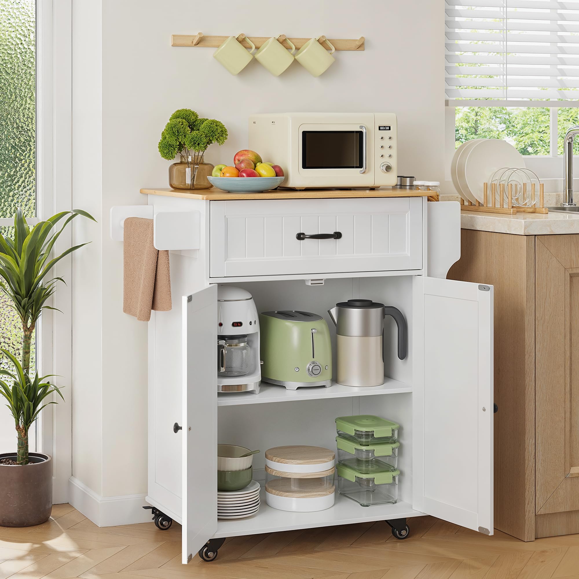Bealife Carrello da Cucina, Mobile Cucina,con Ruote e Piano di Lavoro，Carrello di Servizio con 2 Ante e 1 Cassetto, Carrello Salvaspazio per Cucina e Soggiorno (Bianco)