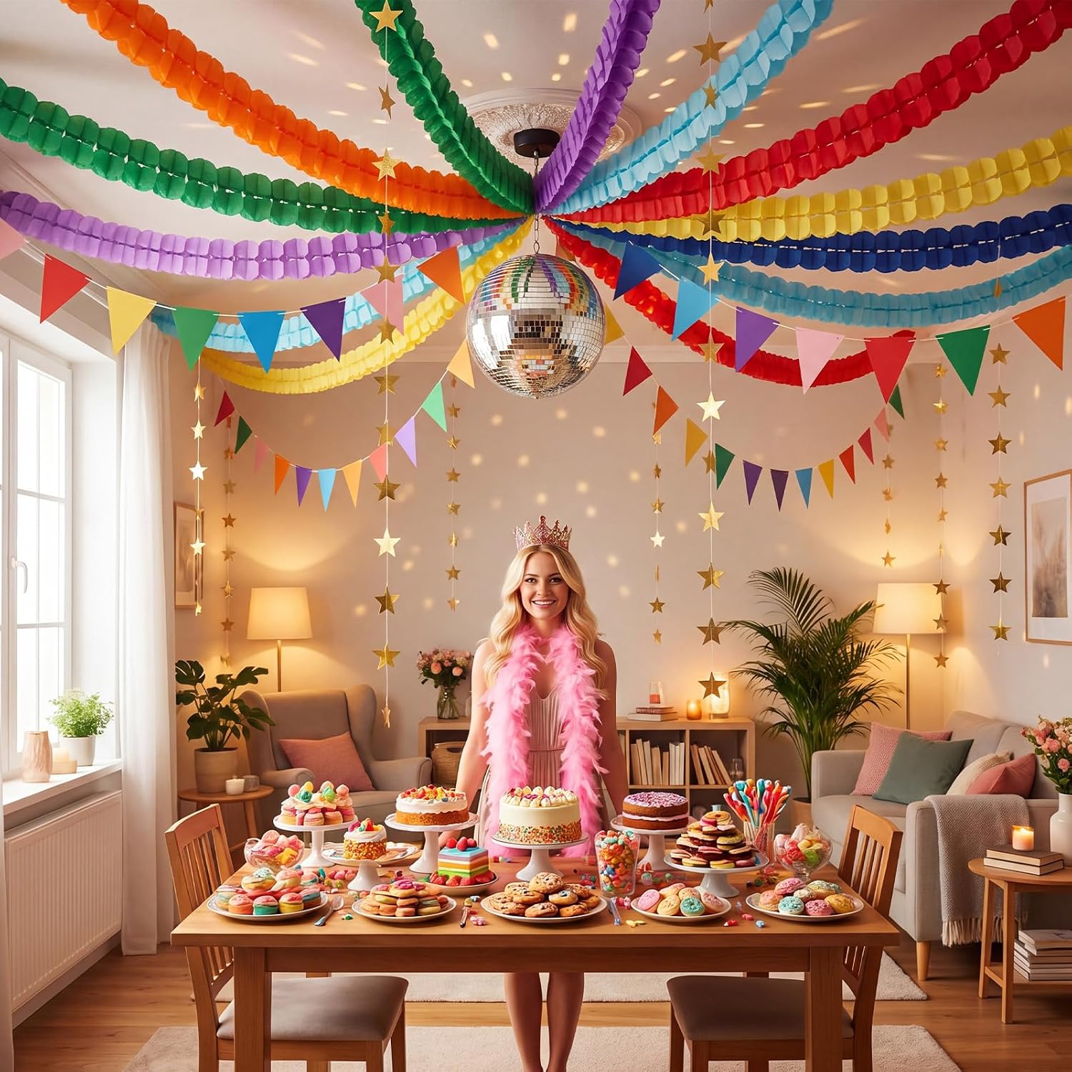 Frienda 15 Pcs Rainbow Paper Chains Strips Set Crepe Paper Streamers Garland Star Garlands Pennant Banner Flags Backdrop for Birthday Wedding Fancy Party Decorations DIY Crafts