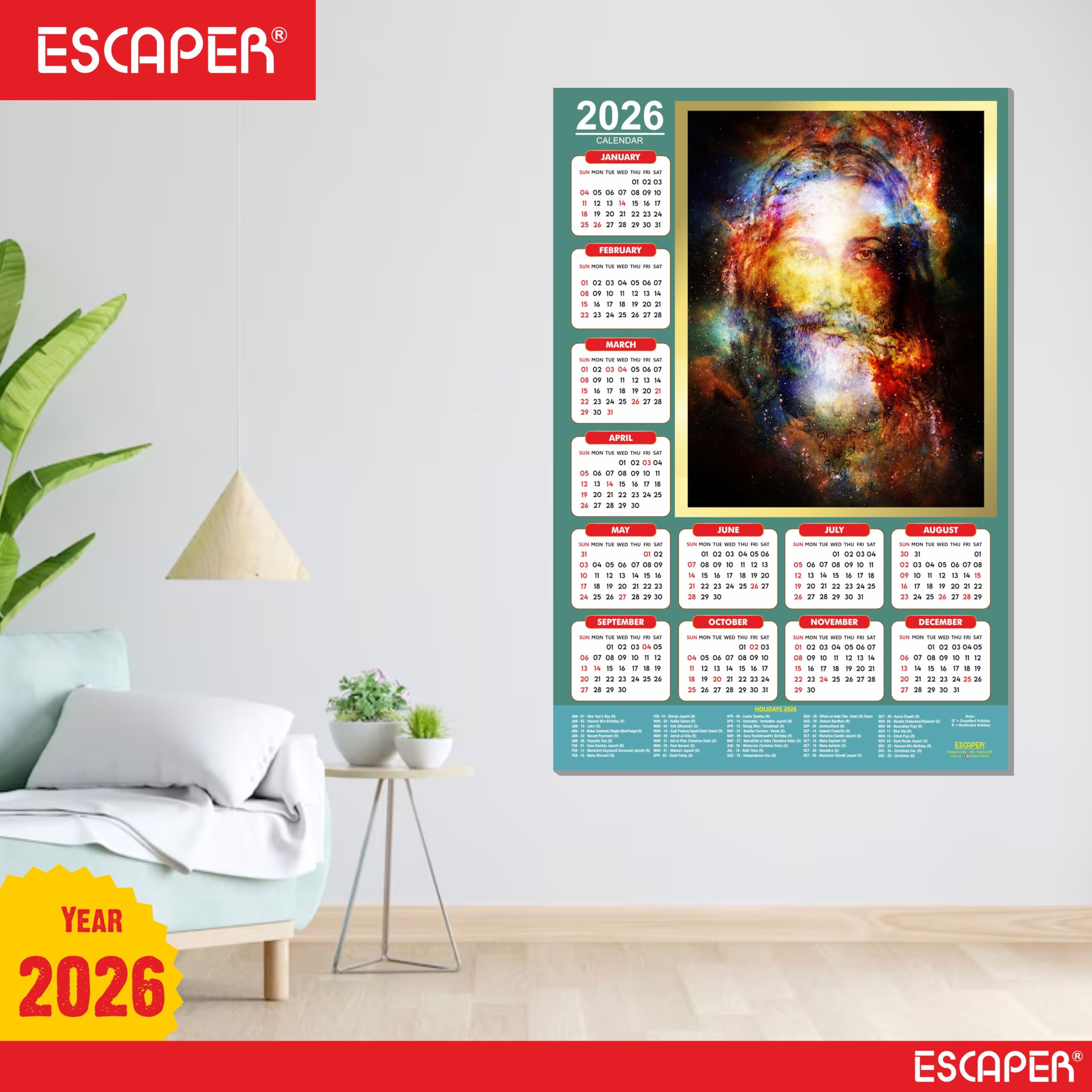 ESCAPER Calendario de pared de Jesús 2026, 12 x 18 pulgadas, calendario cristiano laminado con vacaciones indias, decoración religiosa de pared para el hogar y la oficina
