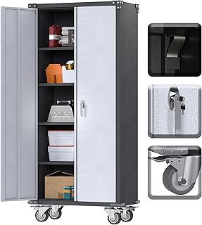 Metal Storage Cabinets with Wheel, Garage Storage Cabinets with 4 Adjustable Shelf,Rolling Utility Cabinets with Lock & Wheels for Office Home,Beige Grey…