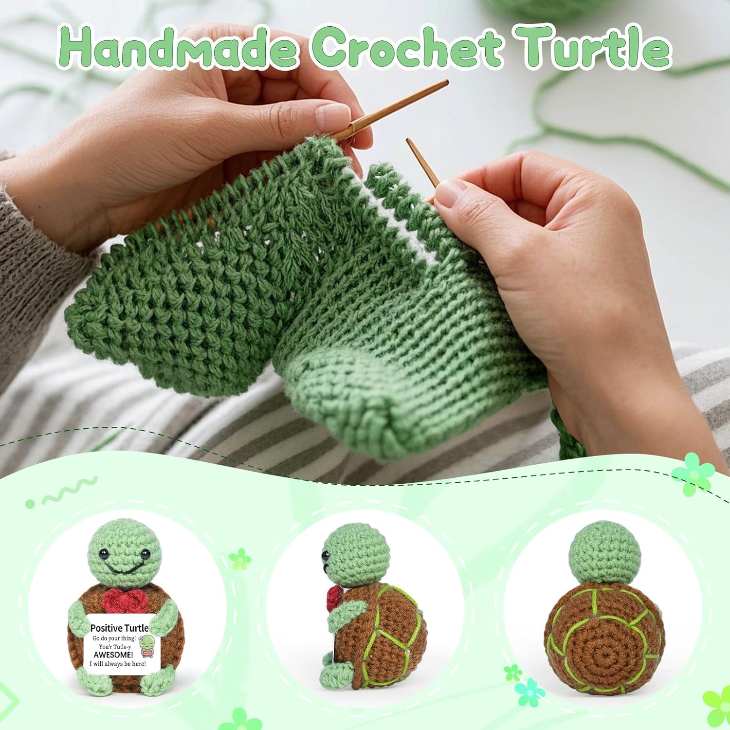 Mini Positive Crochet Turtle, Handmade Emotional Support Crochet, Birthday Gifts for Women Men Presents, Cute Stuff Things for Christmas Teacher Appreciation Gifts (Green) - Image 2
