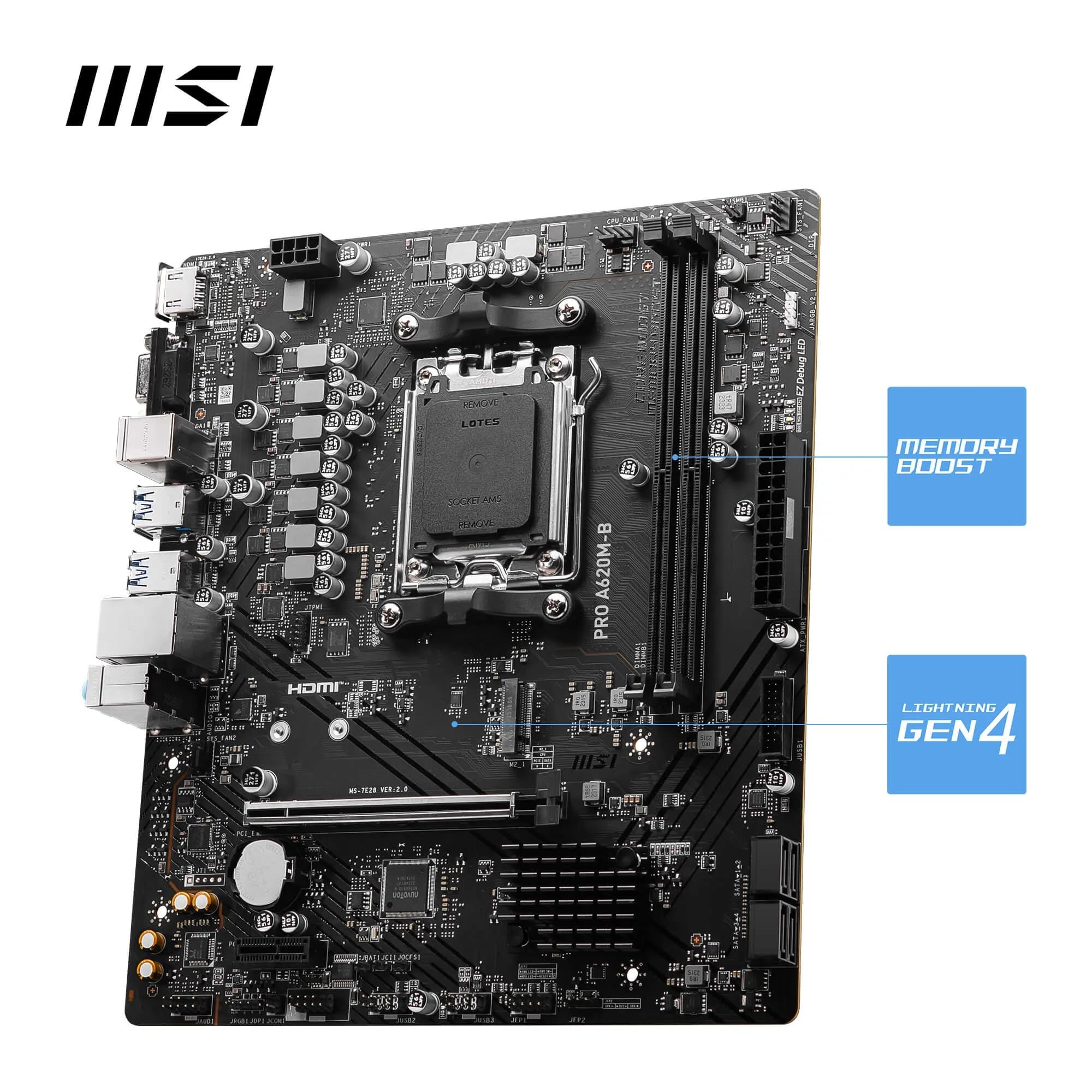 MSI Pro A620M-B, Placa Base Micro-ATX - Compatible con procesadores AMD Ryzen 9000/8000 / 7000, AM5 - DDR5 Memory Boost (6800+ MT/s OC), 1 x PCIe 4.0 x16, 1 x M.2 Gen4