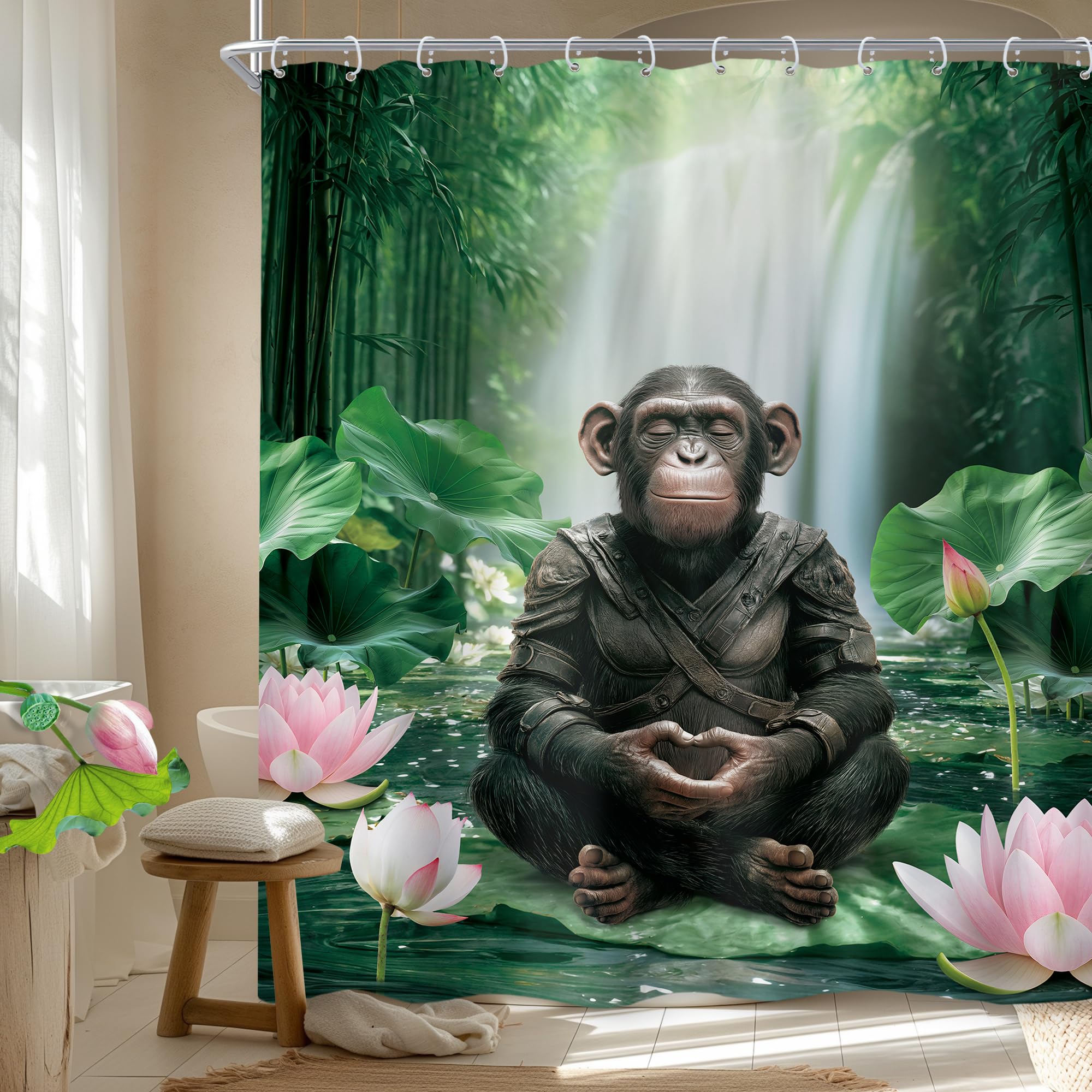 Newsely Funny Monkey Shower Curtain 60Wx72L Inch Meditation Zen Spirit Animal Chimpanzee Lotus Leaves Plant Bamboo Nature Bathroom Set Modern Waterproof Bath Decoration Accessories Home Decor