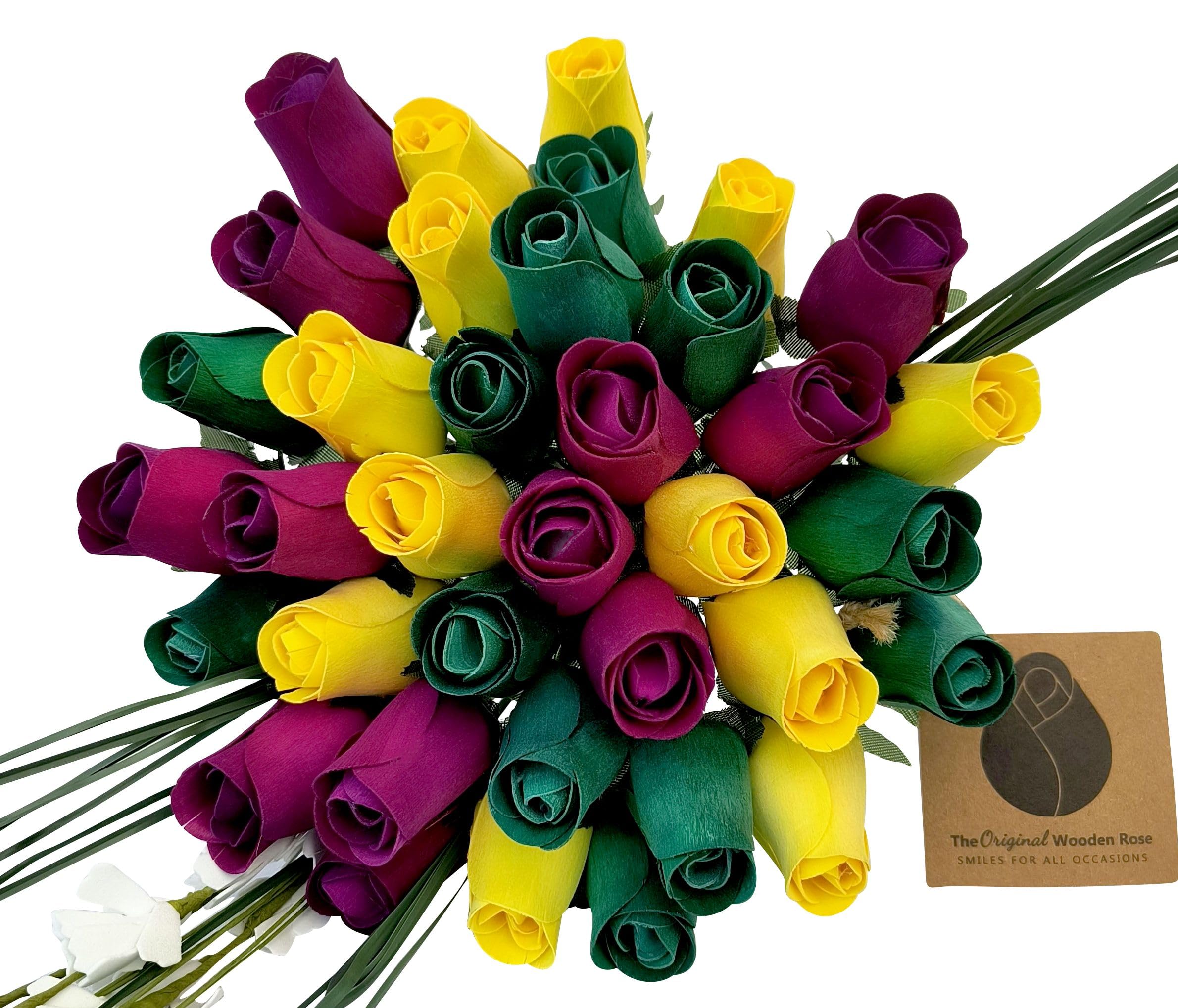 Roses en bois par 36 fleurs violettes, jaunes et vertes pour décoration durable