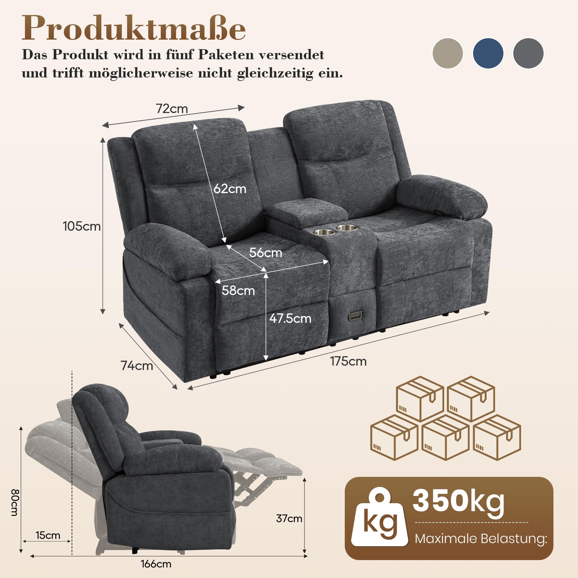 2er Kinosessel Relaxsessel mit Liegefunktion, 2 Sitzer Fernsehsessel TV Sessel mit Konsole, Steckdose und Schublade, zweisitzer Sofa mit Chenille-Optik für Wohnzimmer (Grau, 175 cm Zweisitzer)