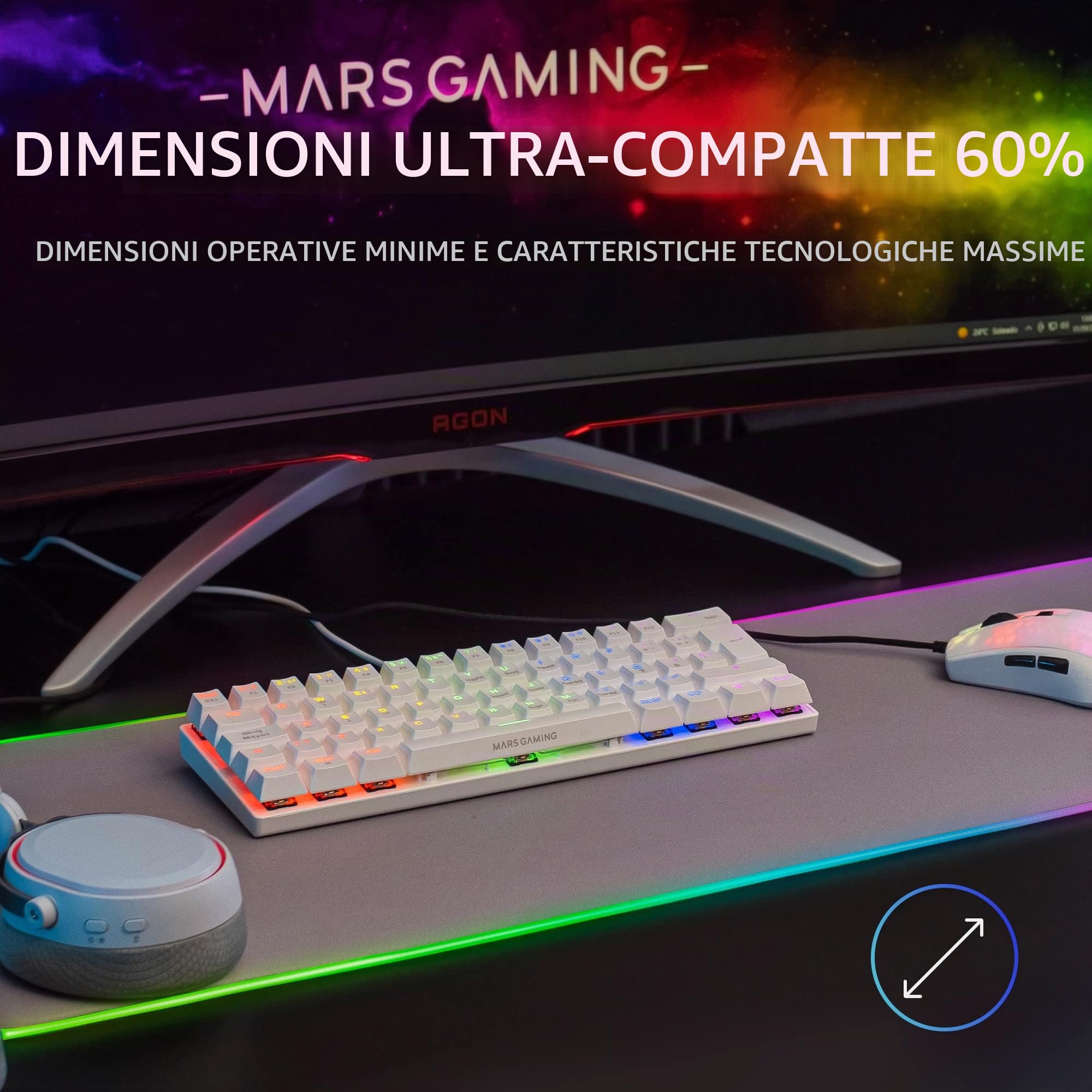 Mars Gaming MK60 Bianco, Tastiera Gaming Meccanica FRGB, Antighosting, Switch Meccanico Rosso, Lingua Italiano