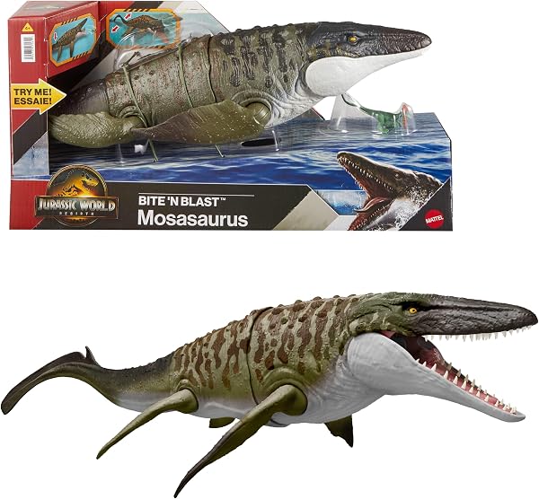 Mattel Jurassic World La Rinascita Mosasauro Morso Letale, action figure e mini dilofosauro, dinosauro con enormi fauci, snodato e fedele al film, gioco digitale, JJP80 - 1