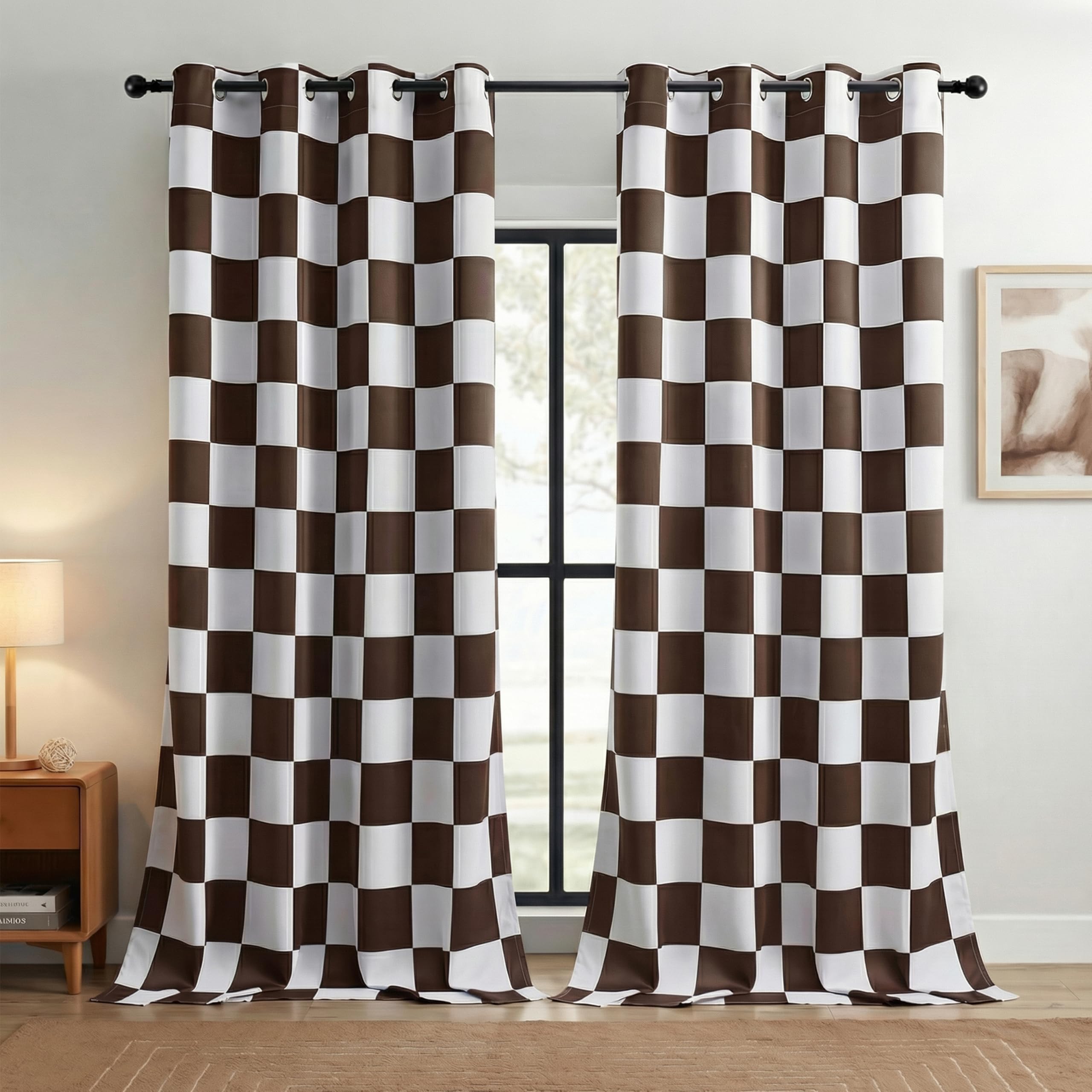 BOHOMOCASA 100% Blackout Checkered Curtains – 2 Panels, Each W52×L96, Thermal Insulated, Nosie Reducing for Bedroom, Modern Coffee and White Checkerboard Design — image 1
