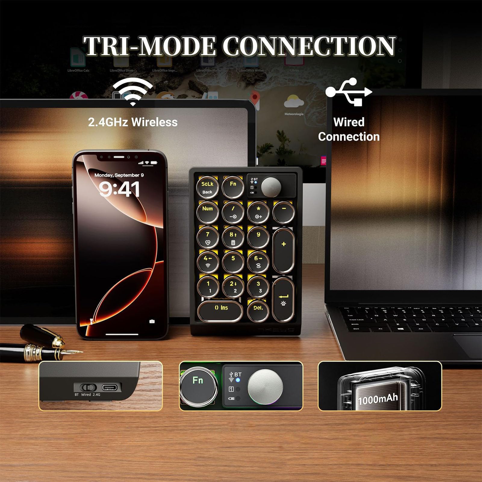Fabater Tastierino Numerico, Tastierino Numerico Wireless Ricaricabile USB 19 Tasti, Esterno Sottile con Retroilluminazione RGB, Supporto Bluetooth/2.4G/USB C