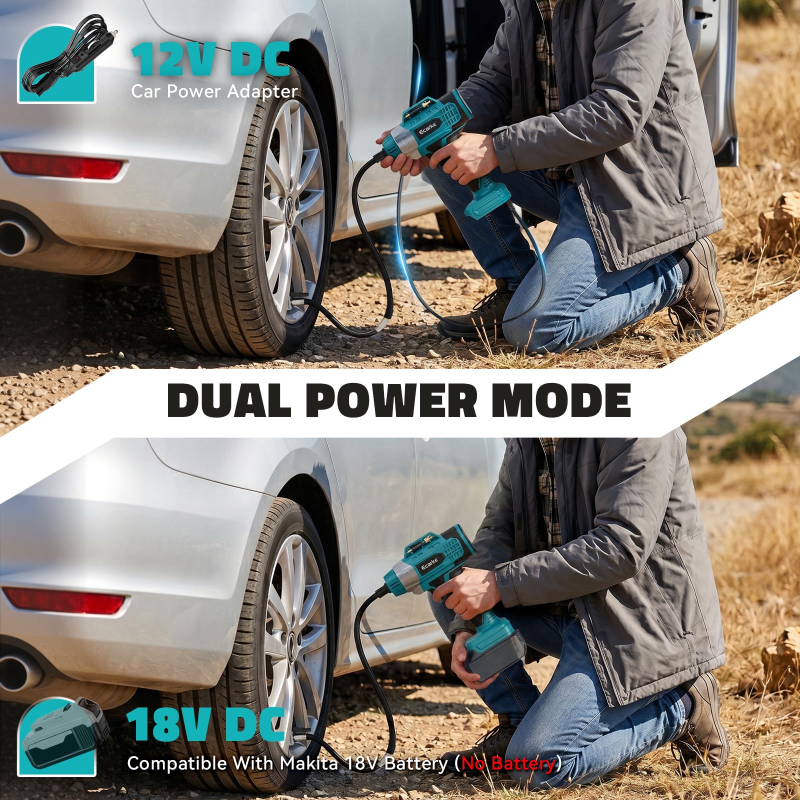 Ecarke Akku Kompressor 11 Bar mit Digitalmanometer & 12V-Zigarettenanzünder, kompatibel mit Makita 18V Akku, Tragbarer Luftpumpe für Auto, SUV, Motorrad, Fahrrad und Bälle, Ohne Akku & Ladegerät