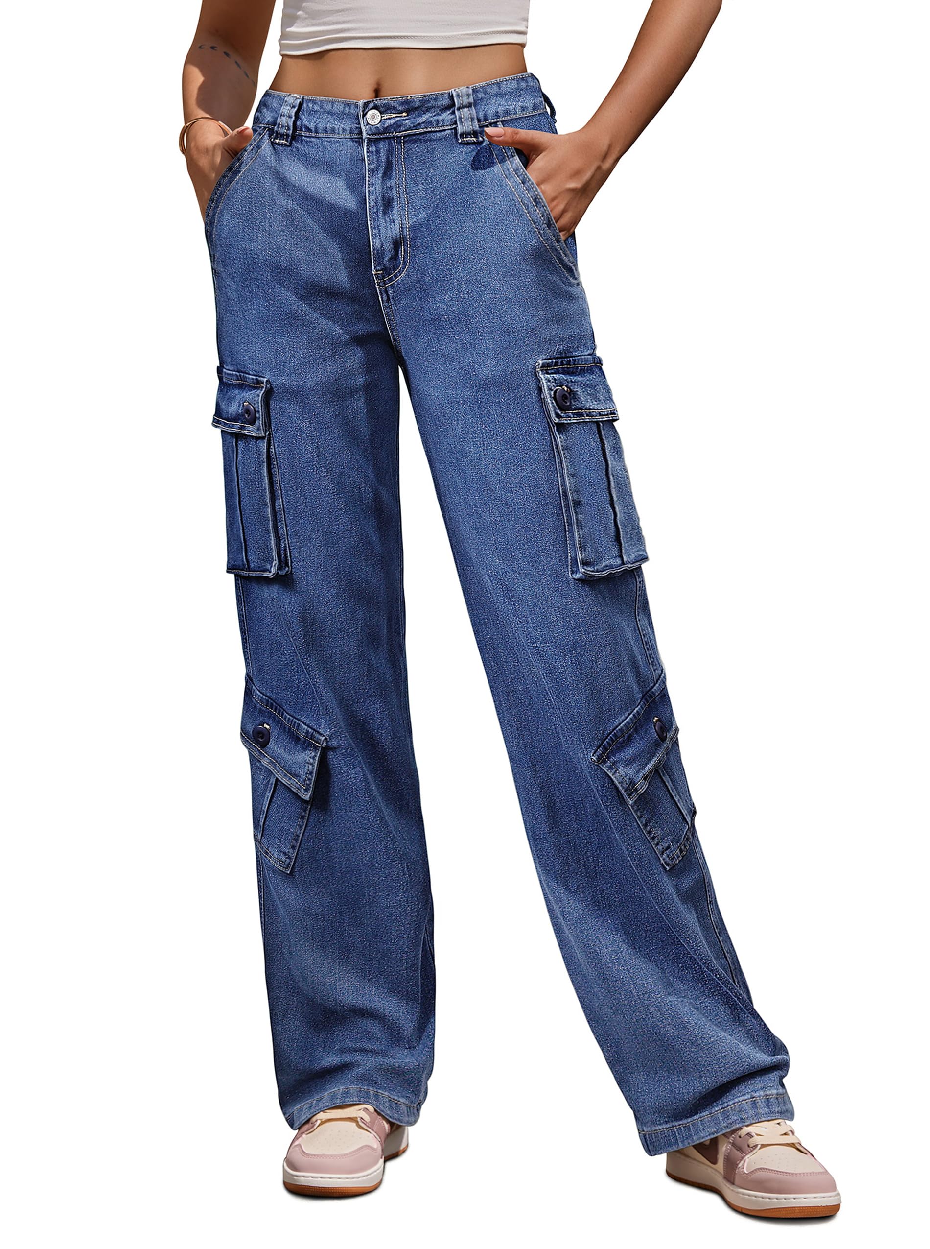 ZMPSIISA Women Pants High Waisted Cargo Pants Combat Military Wide Leg Casual Trousers 8 Pockets