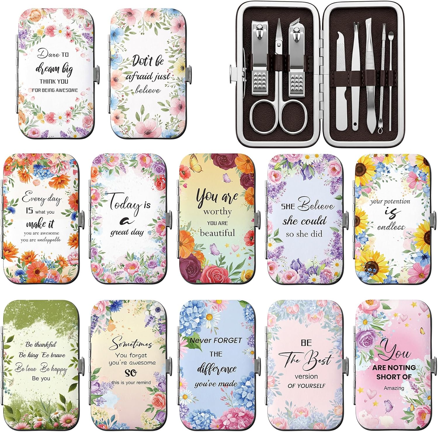 12 Sets Christian Gifts for Women Bulk Manicure Kit for Women Bible Verse Scripture Manicure Sets Floral Stainless Steel Nail Clipper Set Religious Gift for Employee Staff Party Supplies (Floral)
