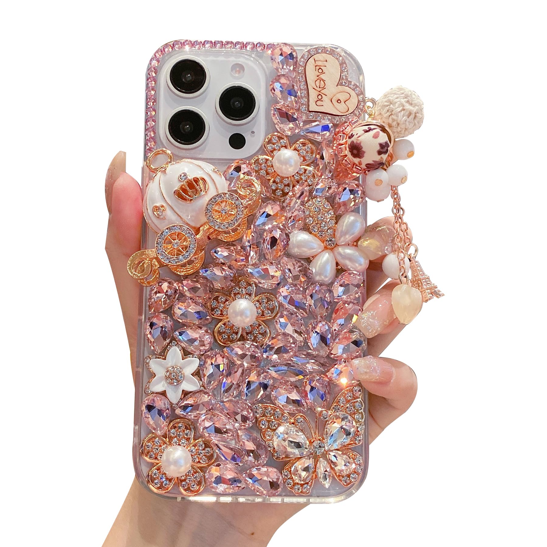 iFiLOVE for iPhone 12 Pro Max Bling Diamond Case, 3D Luxury Sparkle Glitter Crystal Rhinestone Butterfly Flower Pendant Charm Case Cover for Girls