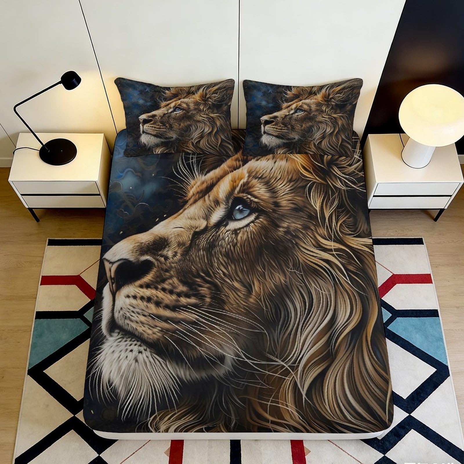 3D Printed Lion Face Fitted Sheet Microfiber Soft Durable Lion Head Bed Cover for Bedroom Dormitory Guest Room Mattress Protection 120x200x25cm