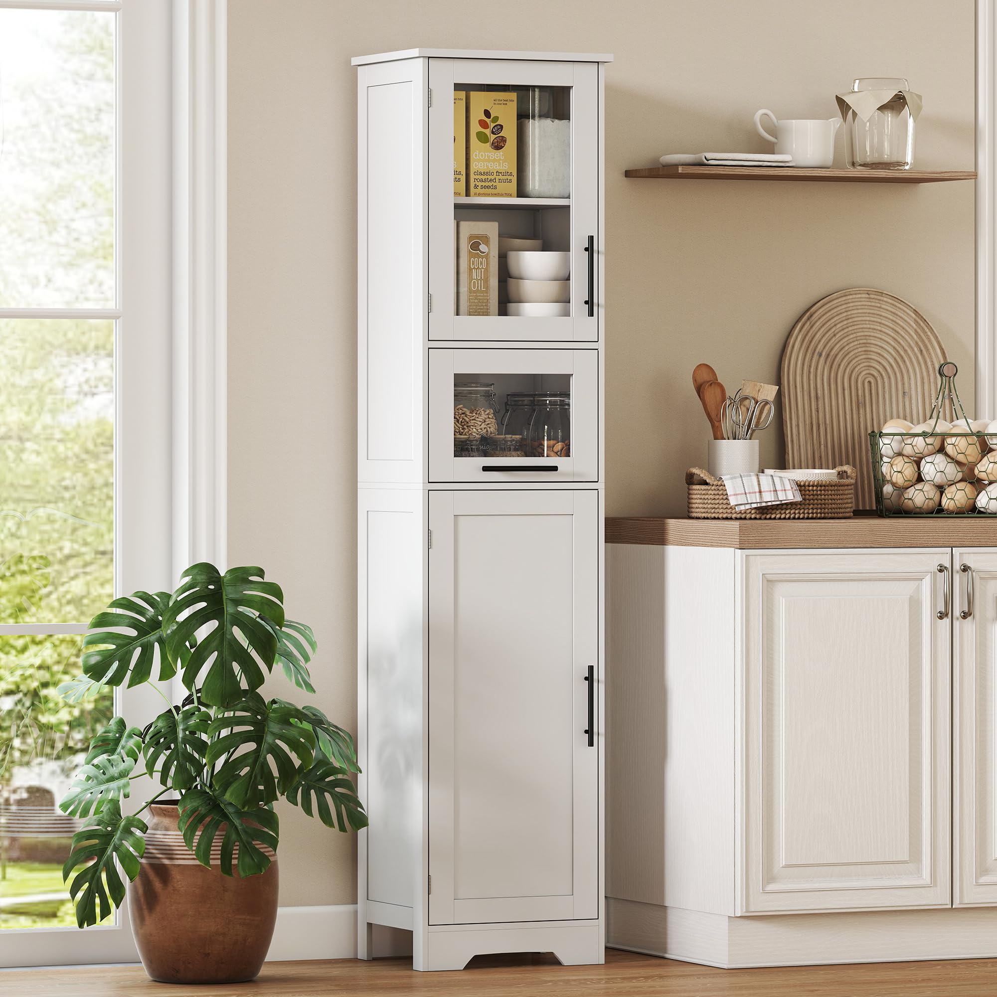 HOMCOM Armario de Baño Alto de Pie con Puerta Vidrio 40x31x170 cm Blanco | Mueble Auxiliar de Baño, Estantes Ajustables, Cajón, Columna Estrecha para Espacios Pequeños