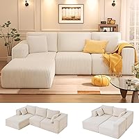 KINGYES 107" Modular L-Shaped Sectional Sofa, Cloud Couch with Chaise, Beige Corduroy - No Assembly Convertible Sofa Bed