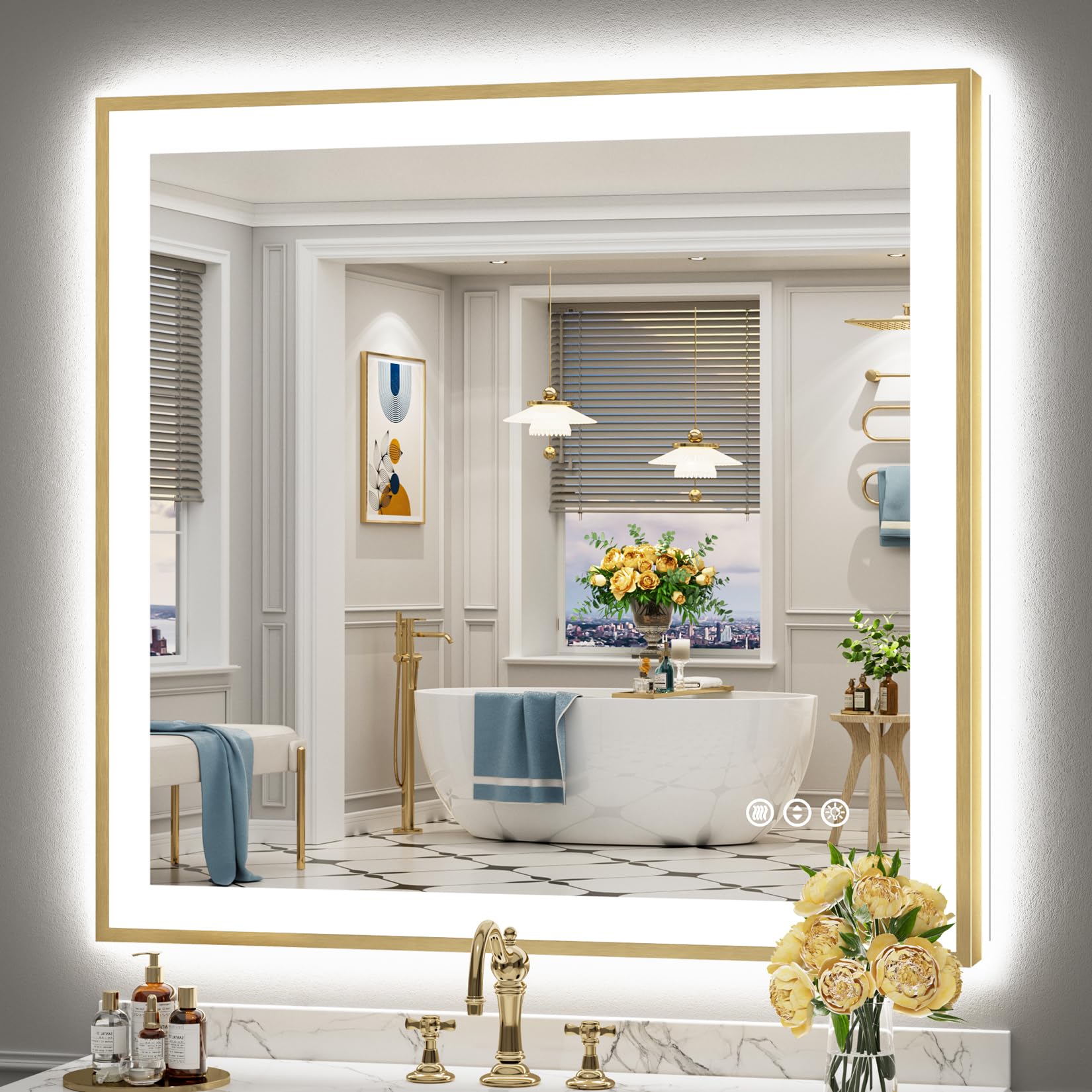 40x38 Gold LED Bathroom Mirror with Lights, Lighted Vanity Mirror